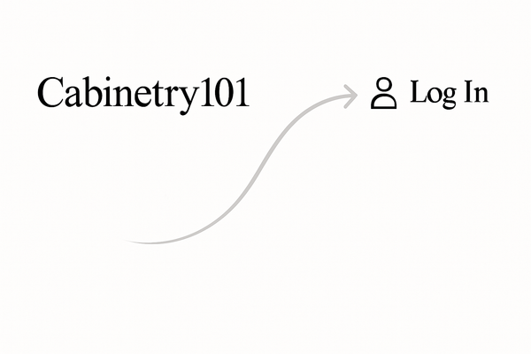 use the current Cabinetry101 logo in times new roman and have a curved arrow to the login button that is on the current theme. the login button has a symbol for a person and the word log in to the right of the person in times new roman